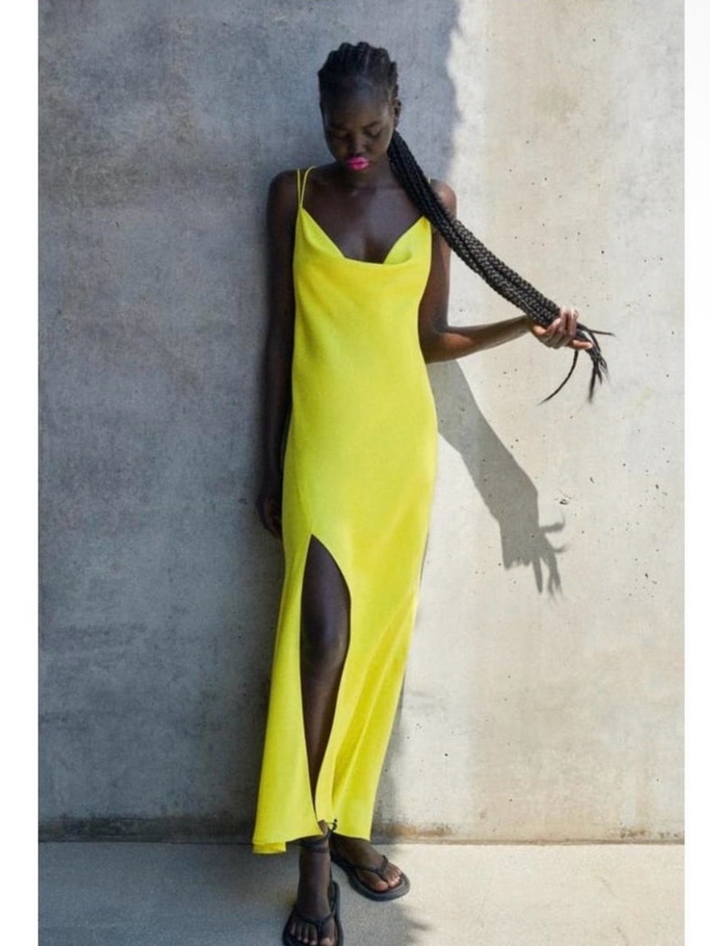 Zara Neon Yellow Cowl Neck Maxi Slip Dress with Front Slit